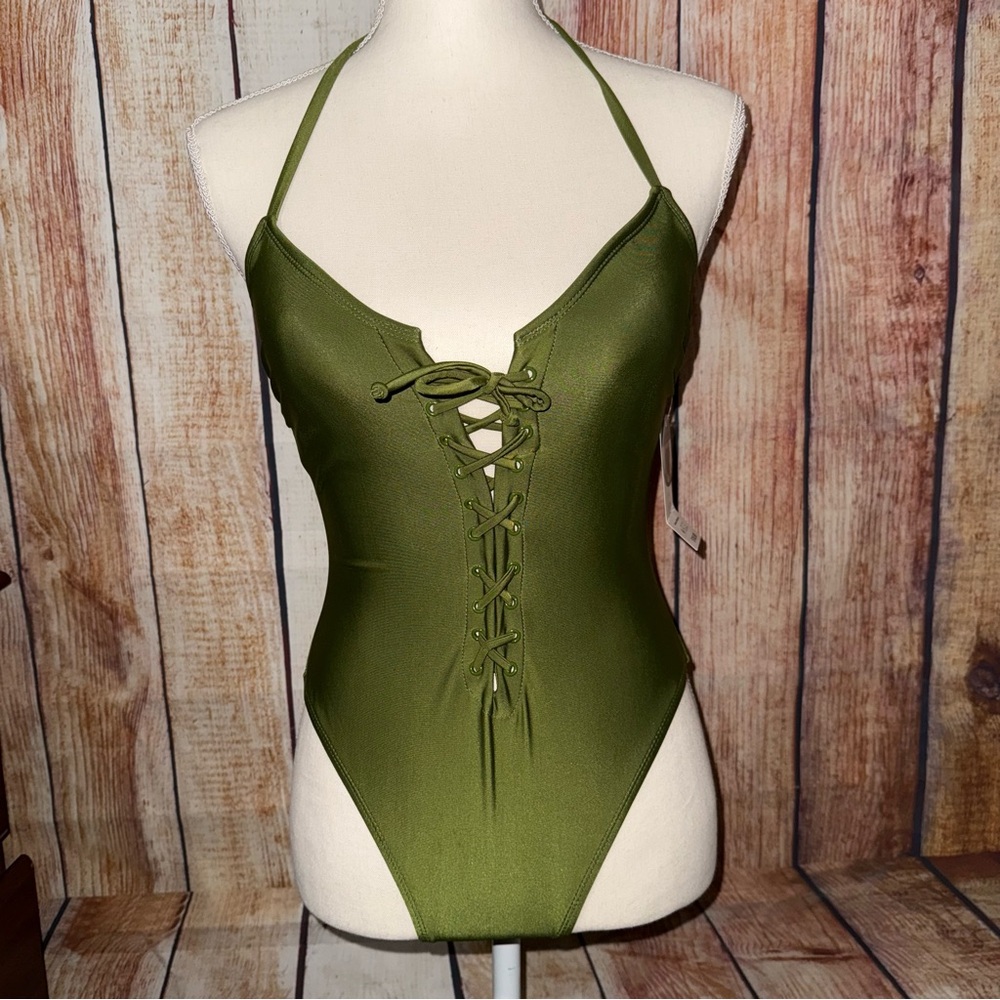 🆕NWT No Boundaries Olive Green Lace-Up One Piece Swimsuit size small 3-5